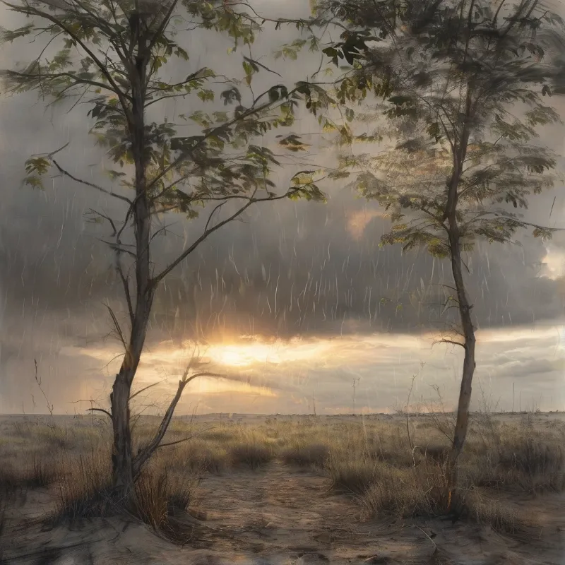 Two slender trees stand in a dry field while rain falls heavily against a bright breaking sunset.