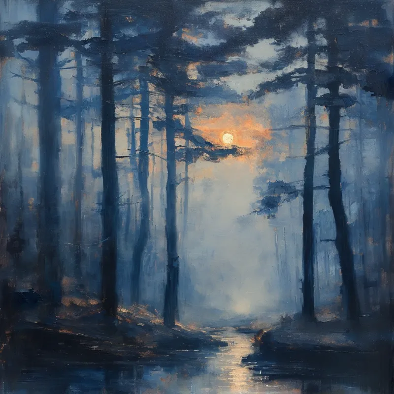 Tall dark trees frame a winding river reflecting a bright celestial body through the blue mist.