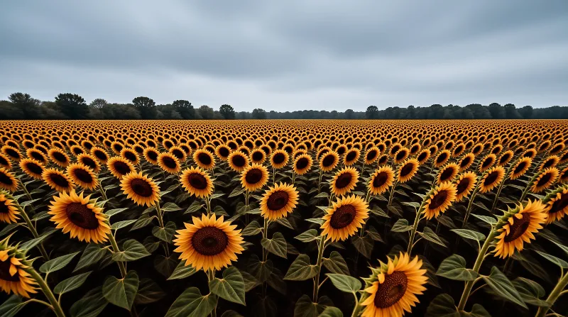 A massive field of yellow sunflowers stretches toward a dark tree line under a cloudy sky.