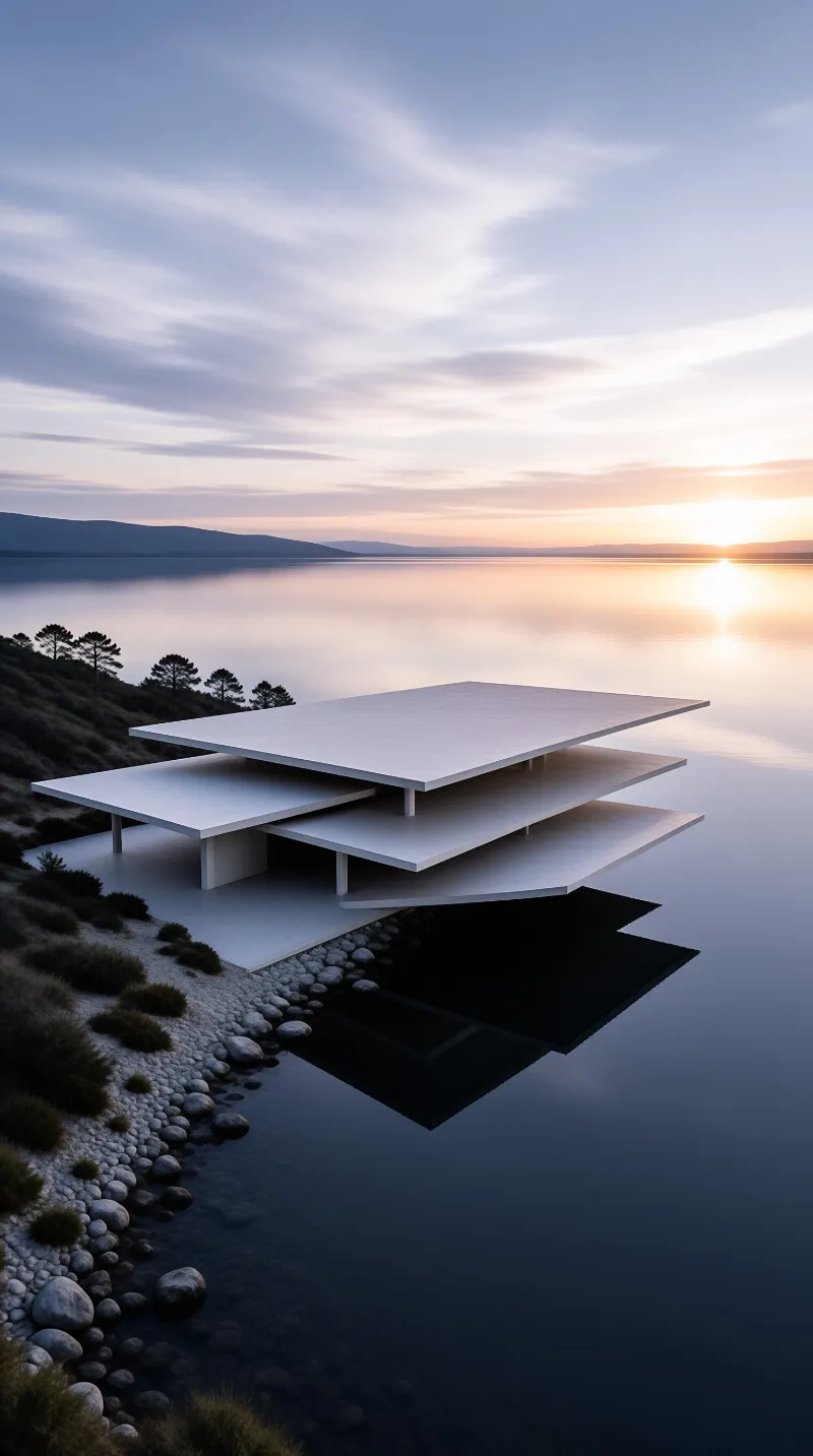 A tiered white structure projects over a tranquil lake under a pastel sky with distant silhouetted hills.