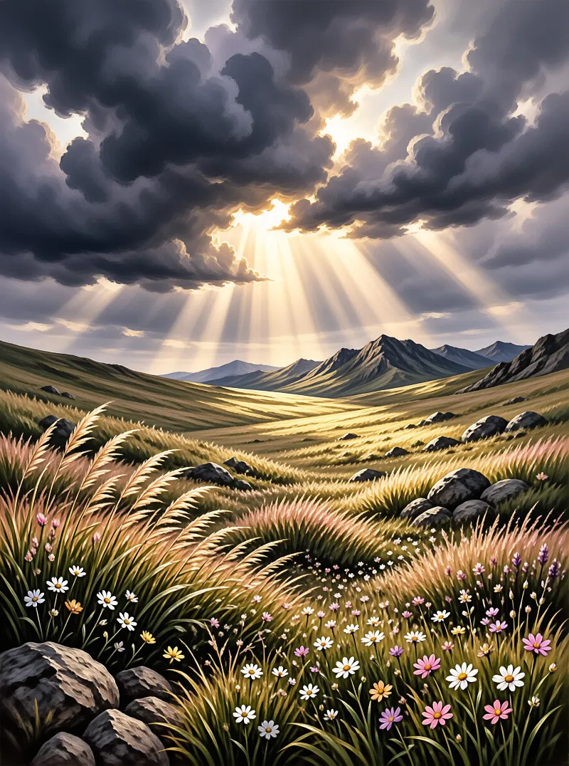 Bright sunbeams pierce dark clouds above a rolling green valley filled with colorful wildflowers and scattered rocks.
