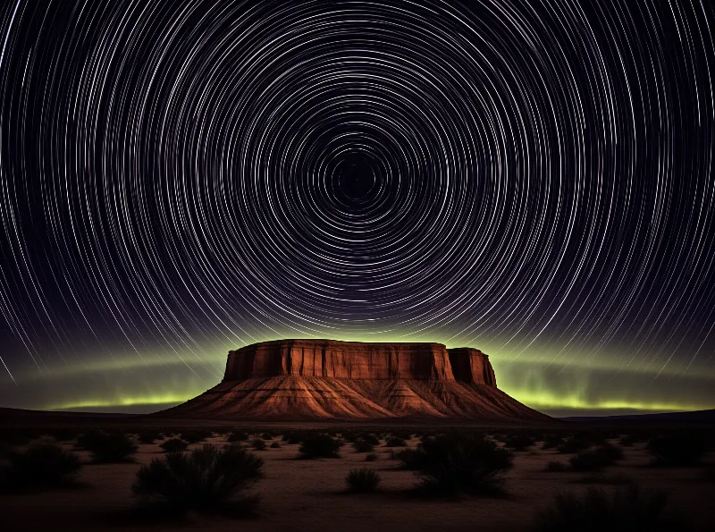 A desert mesa glows orange beneath swirling star trails and a distant green aurora band.