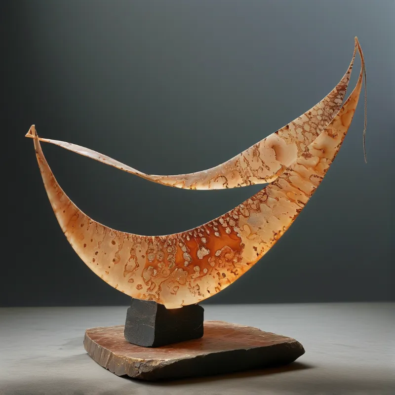 A pair of translucent curved stone blades arching above a dark rough base set upon a wooden slab.
