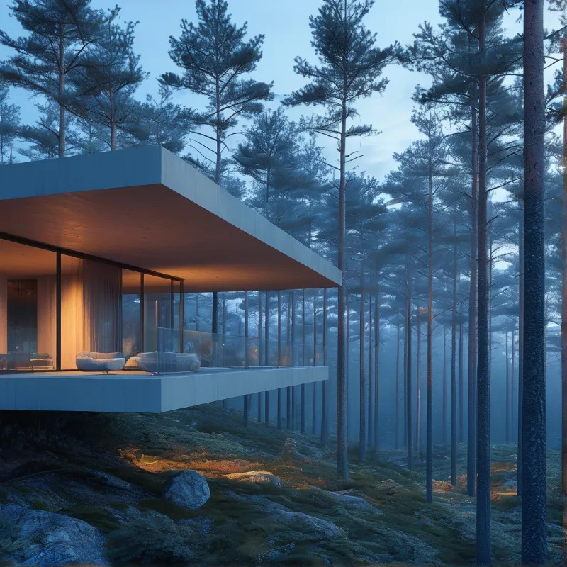 A minimalist structure with large windows glows warmly against the cool blue tones of a surrounding woodland at twilight.