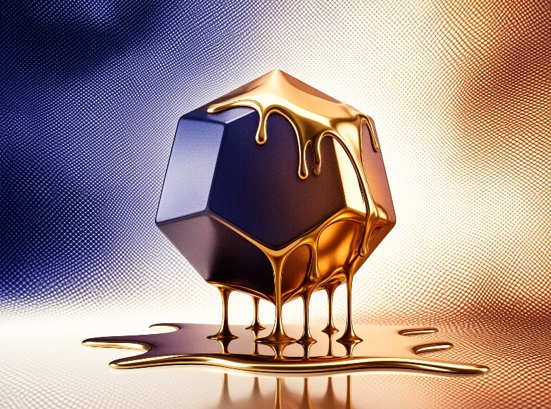 A blue iridescent d20 has molten gold liquid dripping from its edges and pooling below, set against a halftone gradient screen fading from dark blue to orange.