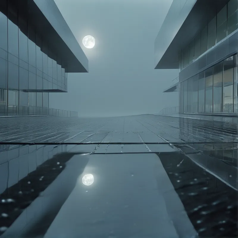 A bright full moon hangs above a foggy walkway flanked by modern glass structures whose wet surface mirrors the night sky.