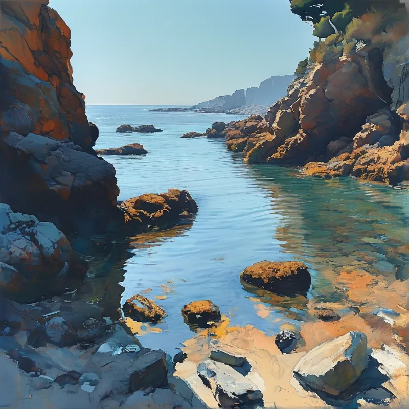 A painterly view of coastal rocks and calm blue water surrounded by steep orange cliffs in daylight.