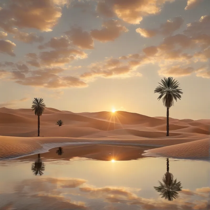 Palm trees rise from golden desert dunes under a bright sun that reflects clearly in a foreground pool of water.