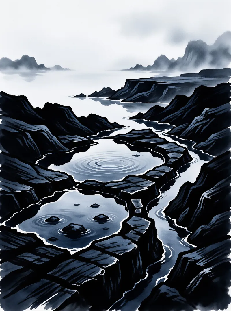 A light blue river flows between dark inked rocky cliffs, leading to hazy fog covered mountains under a pale overcast sky