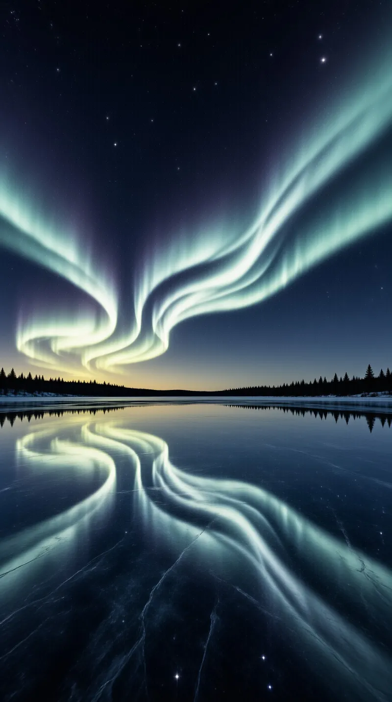 Green aurora borealis ribbons curve across the starry sky and reflect clearly on the smooth frozen lake surface