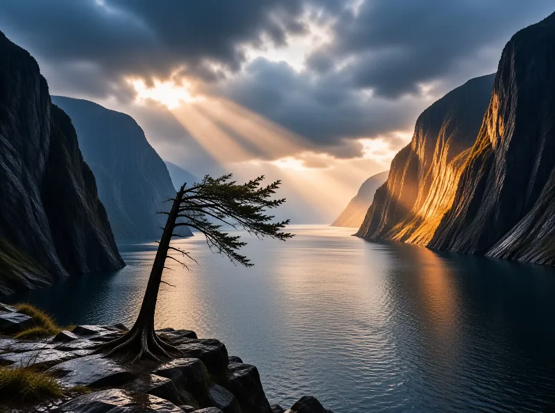 A lone leaning tree grips seaside rocks while sunbeams fall across a fjord between shadowed and golden cliffs.