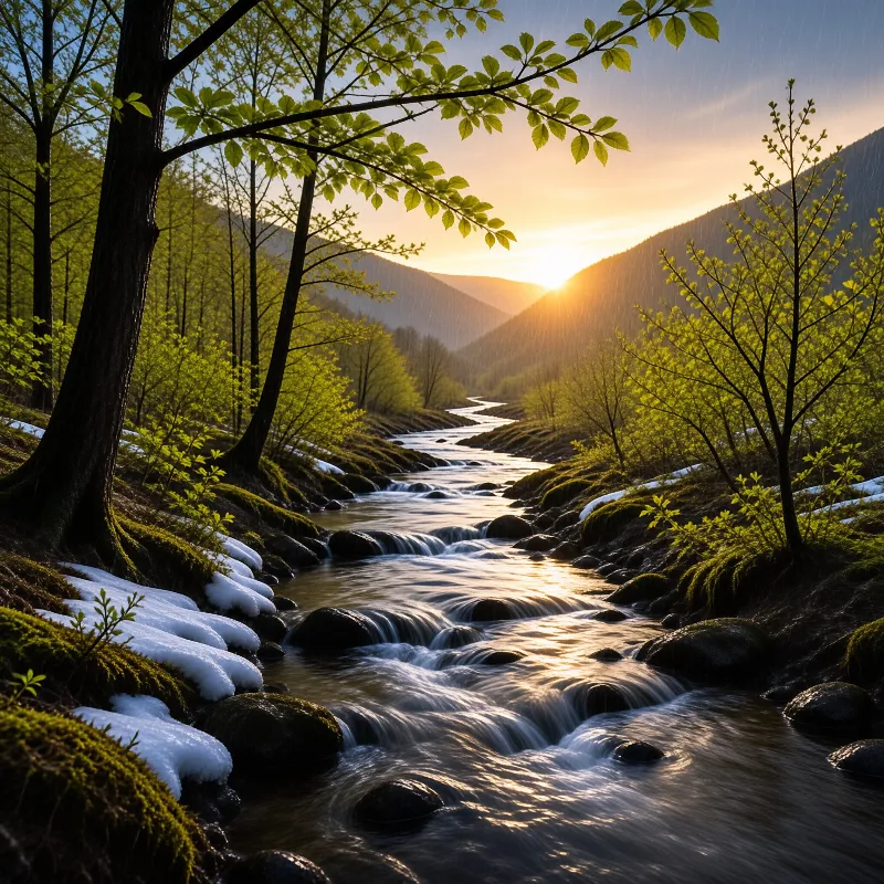 A winding river flows through a mossy valley with fresh green leaves and snow patches bathed in warm sunset light.