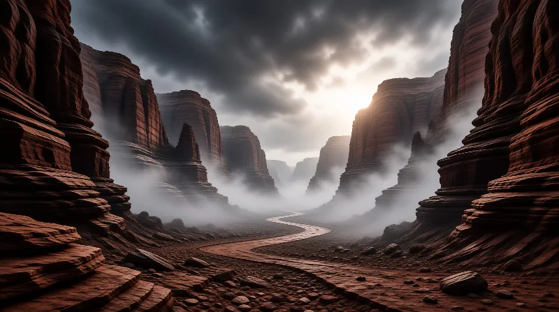 Tall layered rock walls line a winding dirt road, with fog rising between them and bright light breaking through dark clouds overhead.