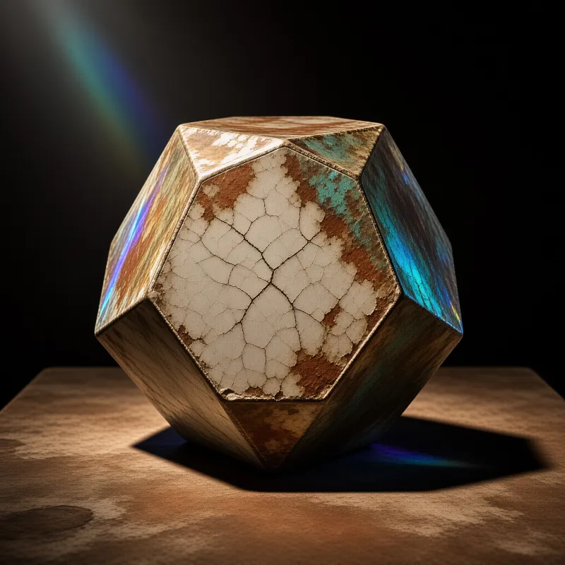 A faceted sculpture with cracked cream glaze and green patina rests on a weathered table under a thin rainbow beam.
