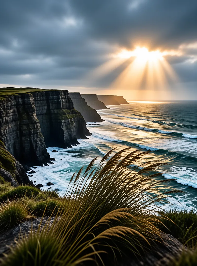 Tall grass frames dark coastal cliffs where sunlight streams through clouds onto rolling ocean waves.