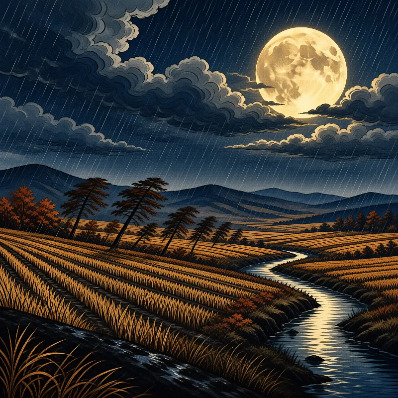 Full moon illuminates a winding river through golden fields under stormy, rain-streaked skies with mountains