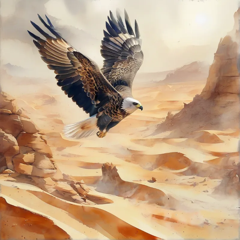A brown and white raptor spreads wide wings while soaring over sandy desert dunes and rocky formations in warm light.
