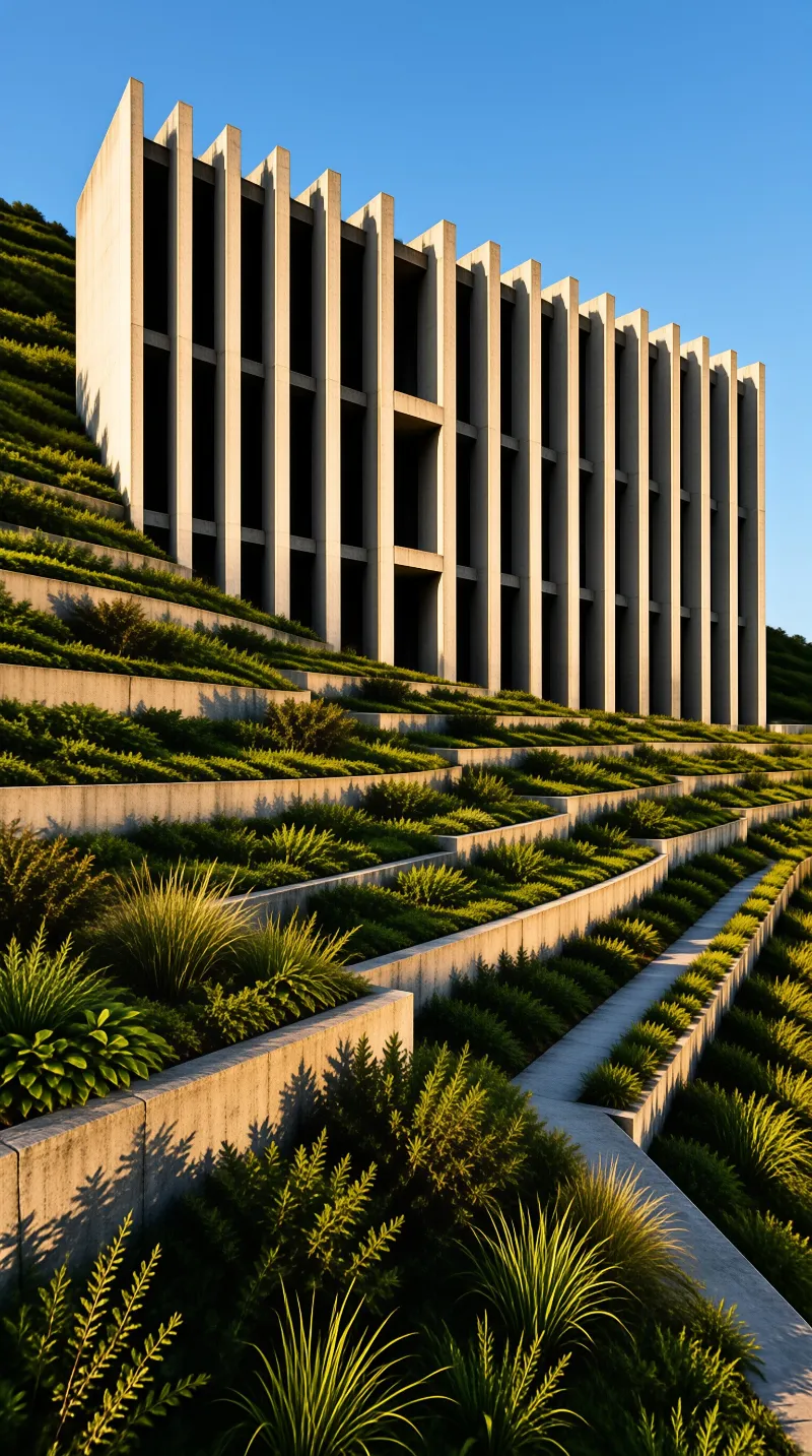 A tall modernist building with repeating concrete fins stands over stepped garden terraces under clear blue sky