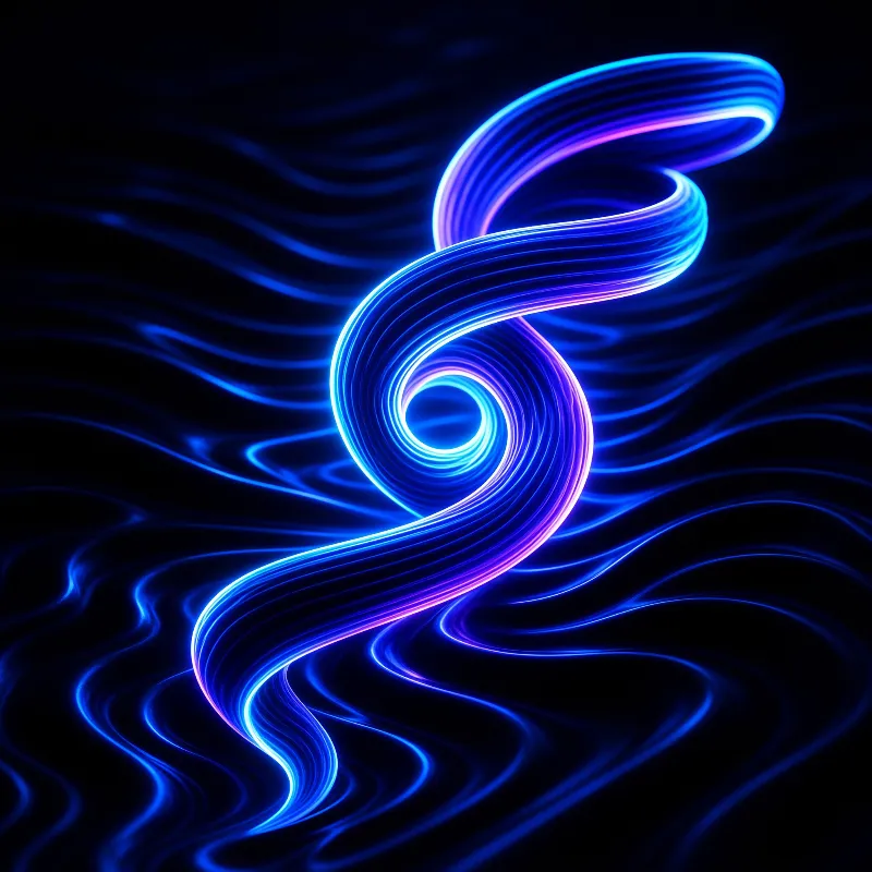 A luminous blue and purple ribbon twists vertically through a dark rippling surface resembling deep ocean water. The structure glows with intense cyan and violet hues that shift along its curved path while the surrounding environment features subtle wave-like textures that enhance the illusion of depth and fluid motion