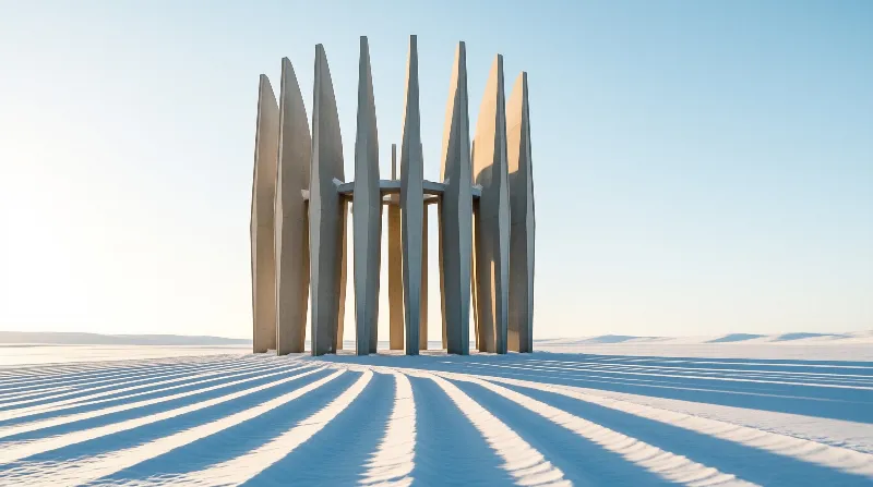 Slender wedge-shaped pylons stand in a ring on a frozen plain, throwing striped shadows toward the viewer.