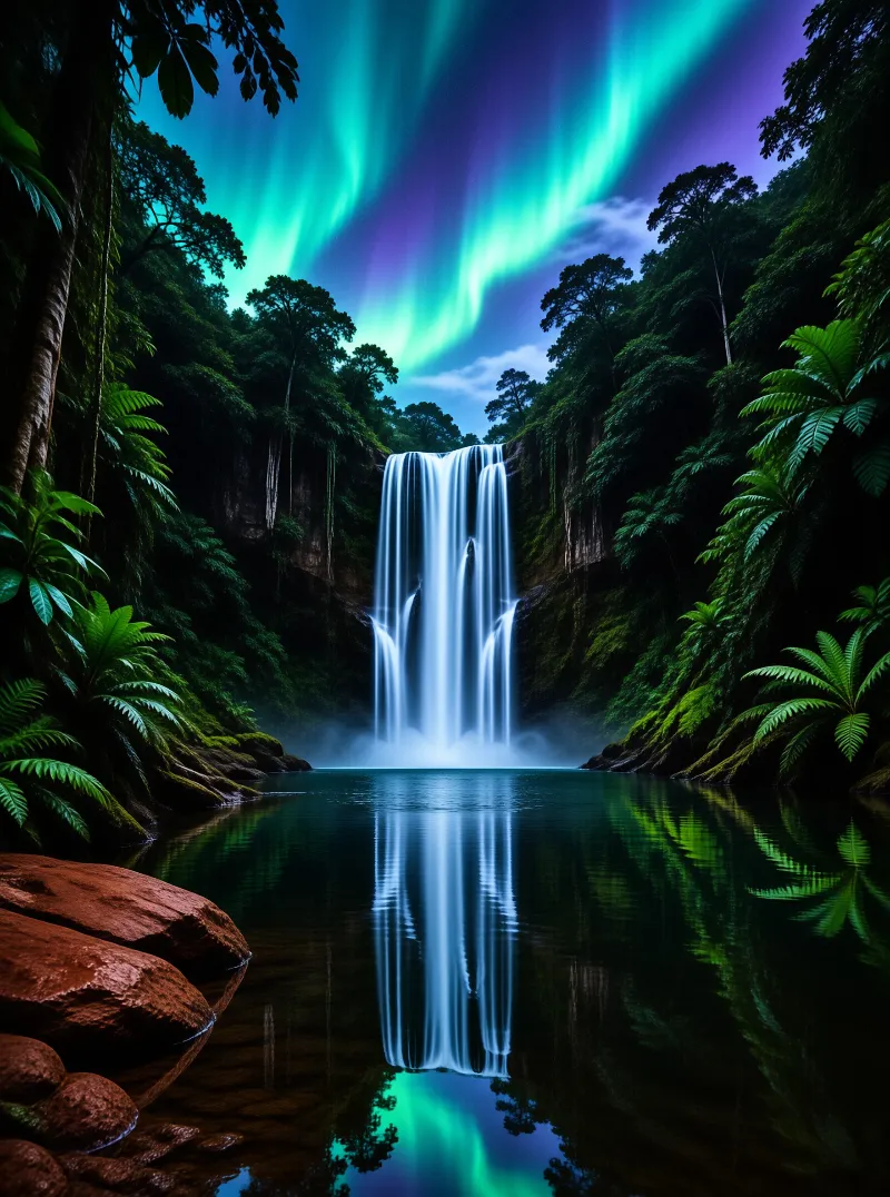 Waterfall under Aurora