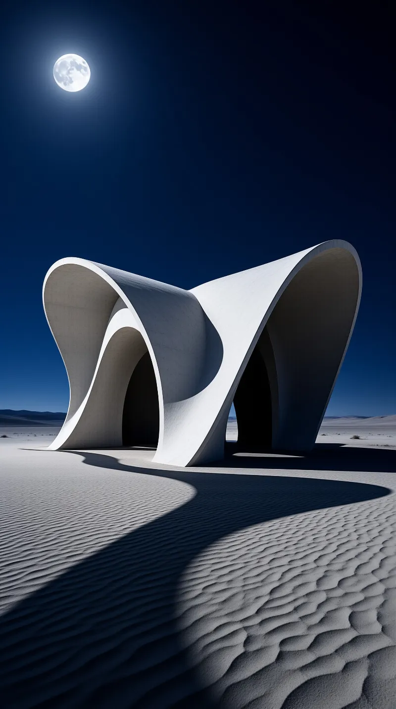 A curving white pavilion with arched openings stands on rippled sand beneath a moon
