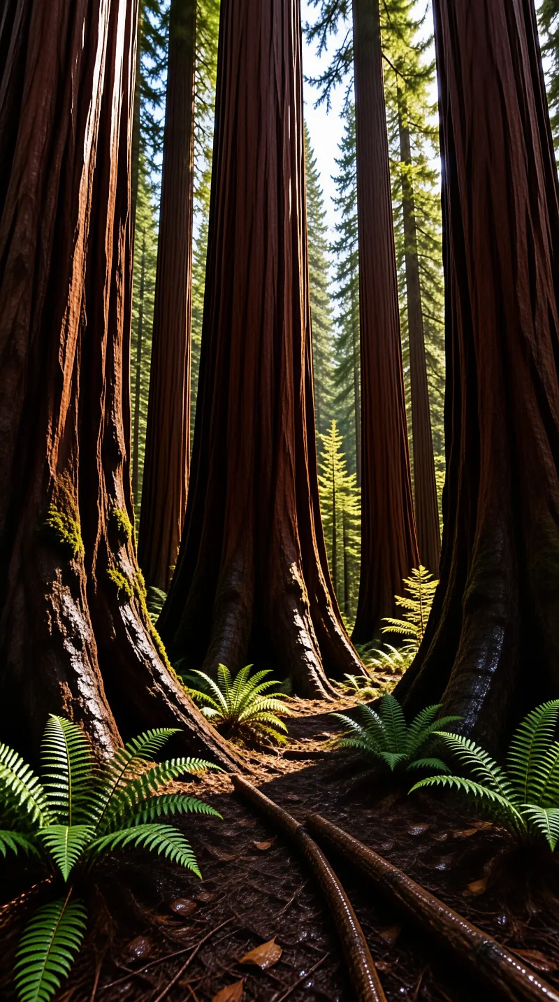 Low angle view of massive tree trunks rising above green ferns on the dark forest floor.