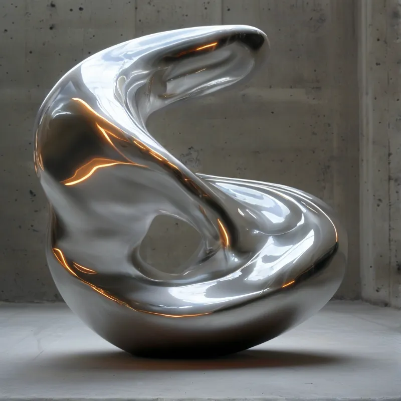 A polished chrome abstract sculpture with warm amber light reflections rests on a concrete floor against a weathered concrete wall