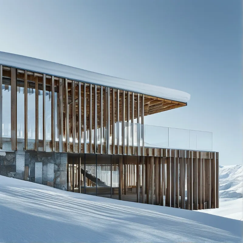 A contemporary architectural structure featuring large glass windows and vertical wood slats sits on a snowy slope under a clear blue sky.