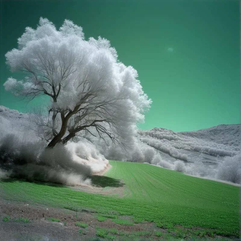 A surreal landscape featuring a tree that resembles a giant white cloud standing on a bright green field with rolling white hills in the background and a solid teal sky.