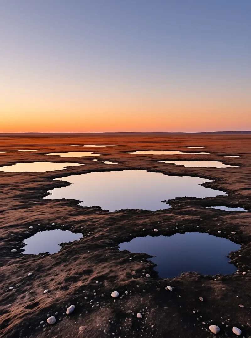 Scattered water puddles reflect the warm orange and blue gradient of the evening sky across a flat landscape.