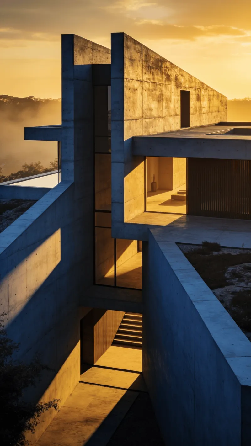 Villa with Brutalist Massing — Golden Sunset