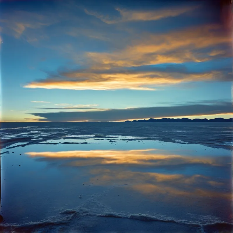 A vast salt flat reflects the orange and blue clouds of a sunset sky with a distant mountain range on the horizon.