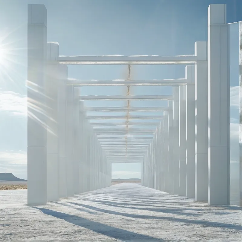 Tall white pillars form a long corridor across a flat white landscape with mountains in the distance.