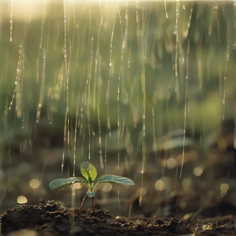 A small green plant pushes up through dark earth while streaks of light catch falling water in a warm backlit scene.