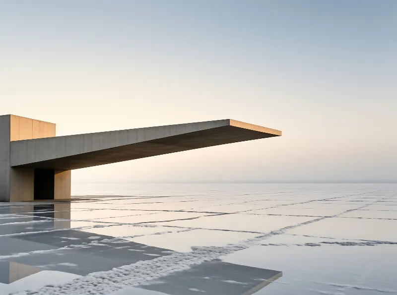 A heavy concrete beam projects out over a wide expanse of cracked, wet ground reflecting the soft morning light.