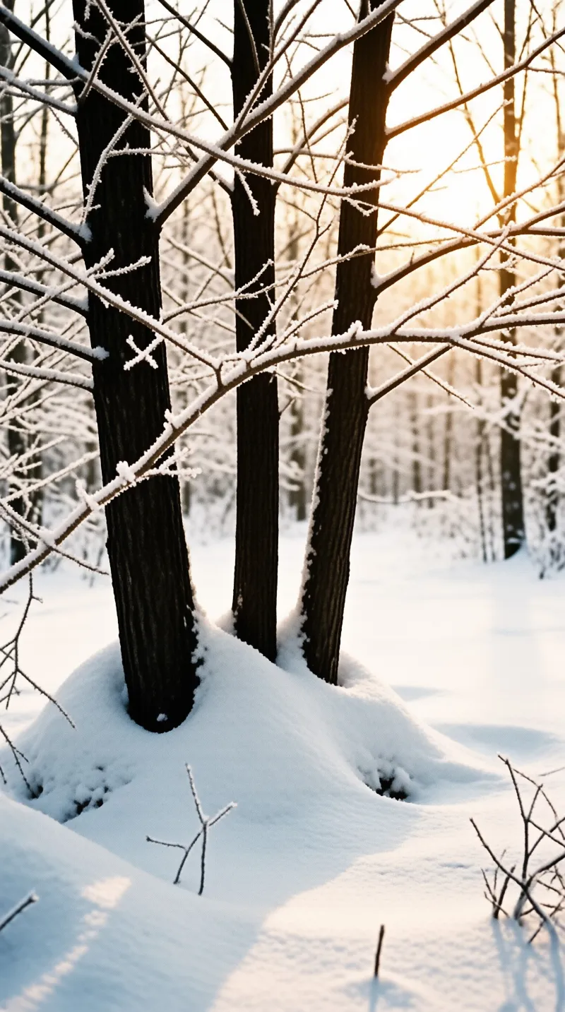 Dark trunks rise from deep snow while low golden light gilds a lace of frosted winter branches.