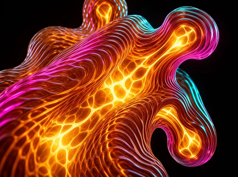 A glowing orange liquid mesh wave curves against a black background with pink and blue neon edges.