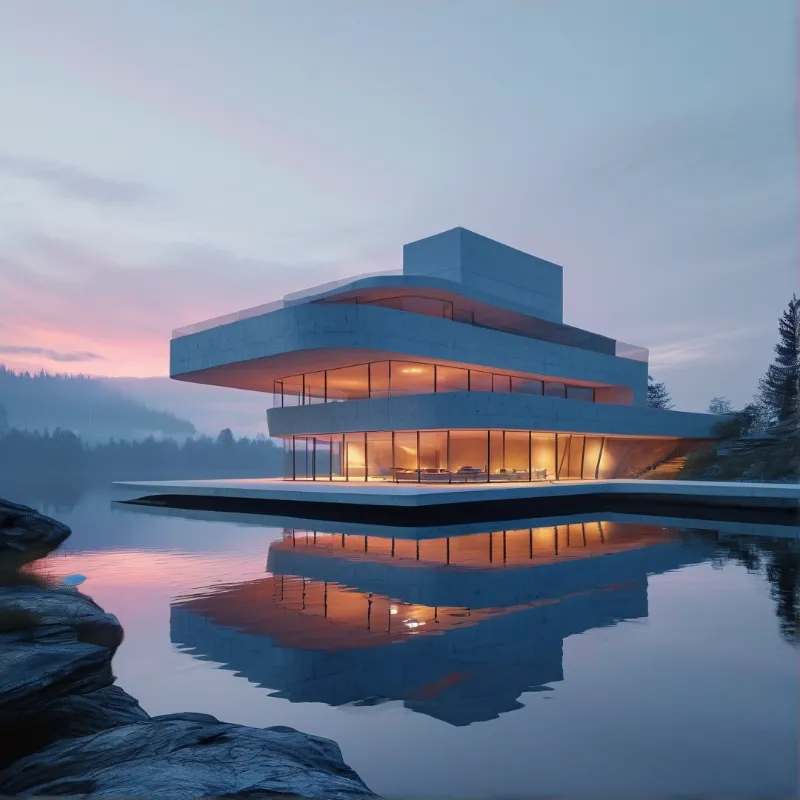 Modern Lake House at Dusk