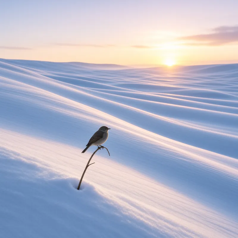 A small grey bird sits on a lone twig rising from rippled snowfields while a low sun casts long golden shadows across the landscape.