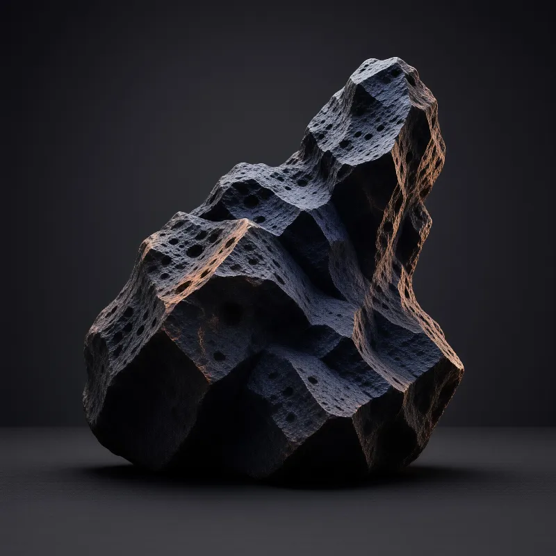 Rugged dark stone with porous surface sits against black background, lit by warm light revealing hole patterns.