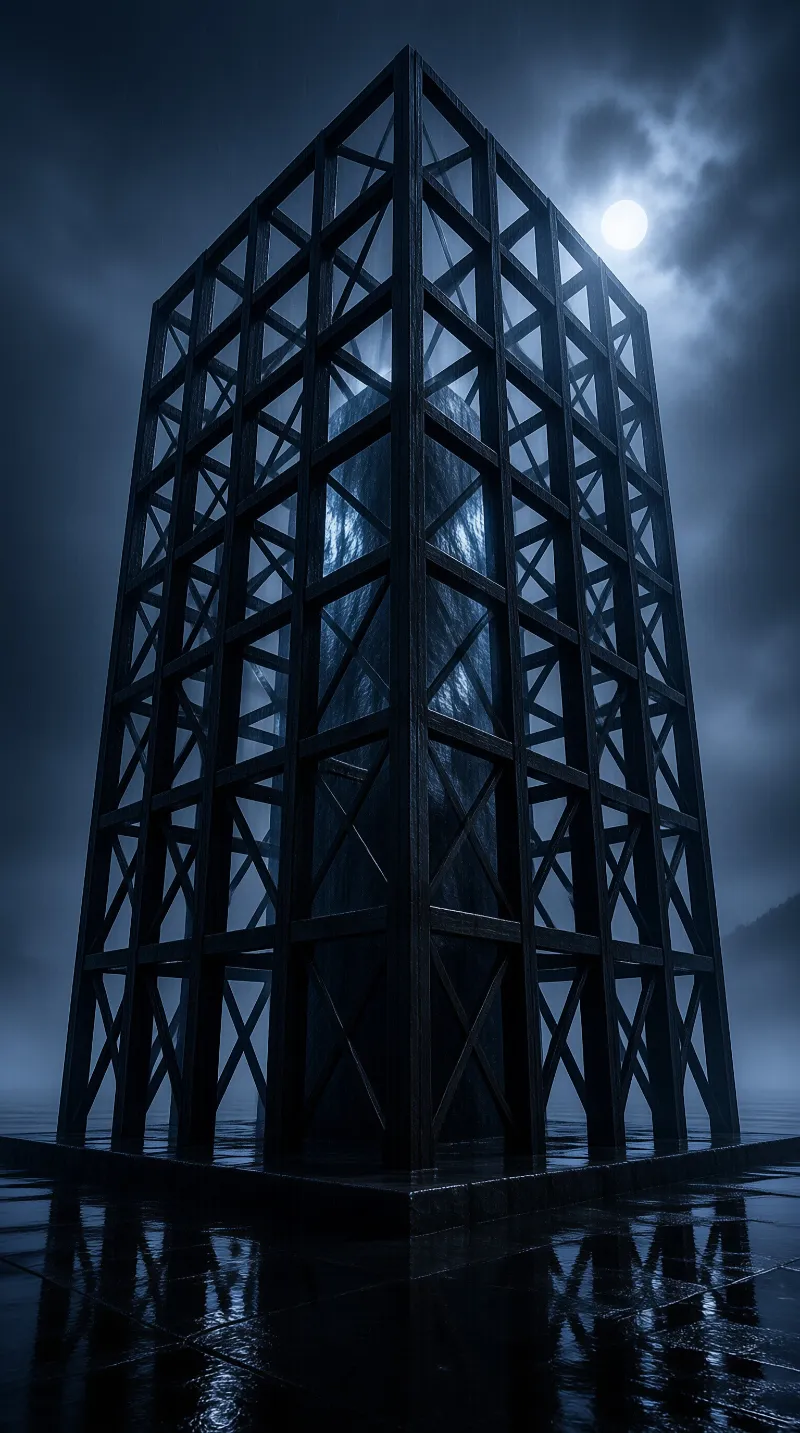 A large geometric cage structure stands on wet pavement reflecting a bright moon in the clouds.