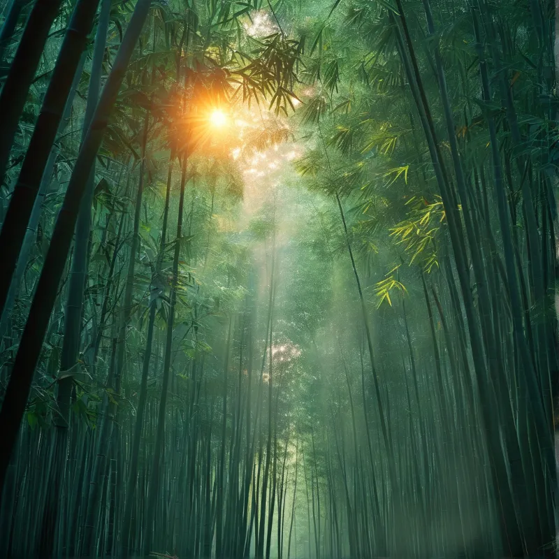 Golden light filters through countless green bamboo stalks as the sun flares between leaves in a misty forest canopy