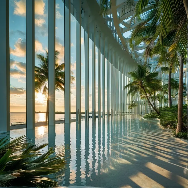 A long pool extends beneath tall white columns with palm trees on the right and a sunset ocean view outside.
