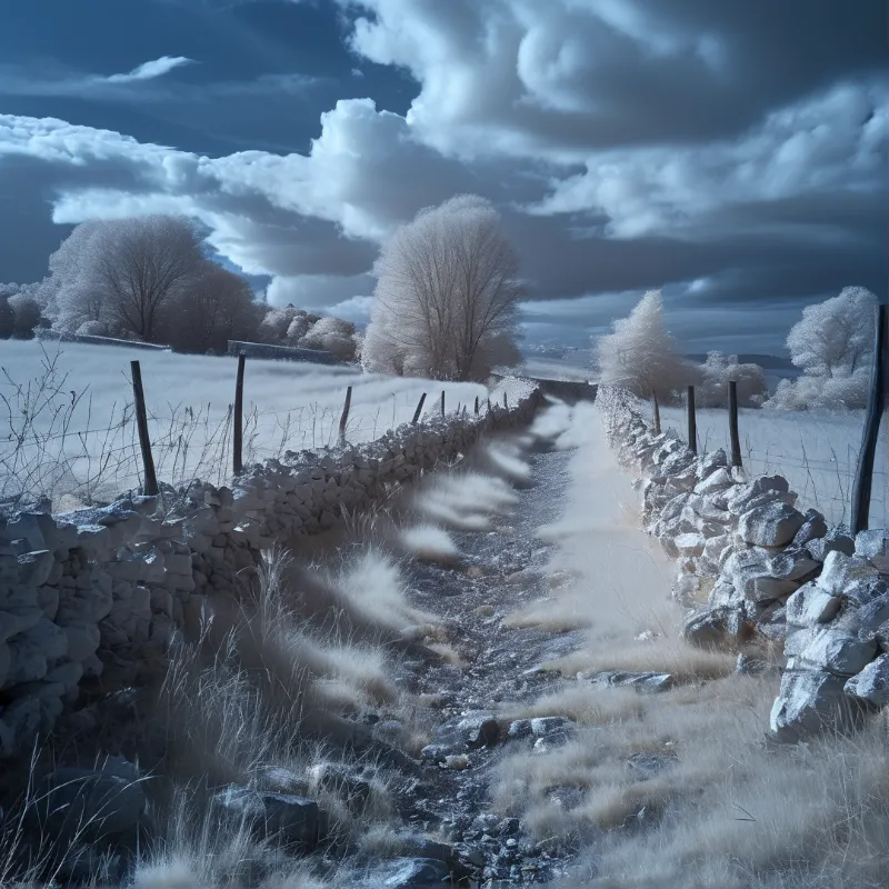 A freezing waterway runs between rocky embankments covered in white frost beneath a moody sky.