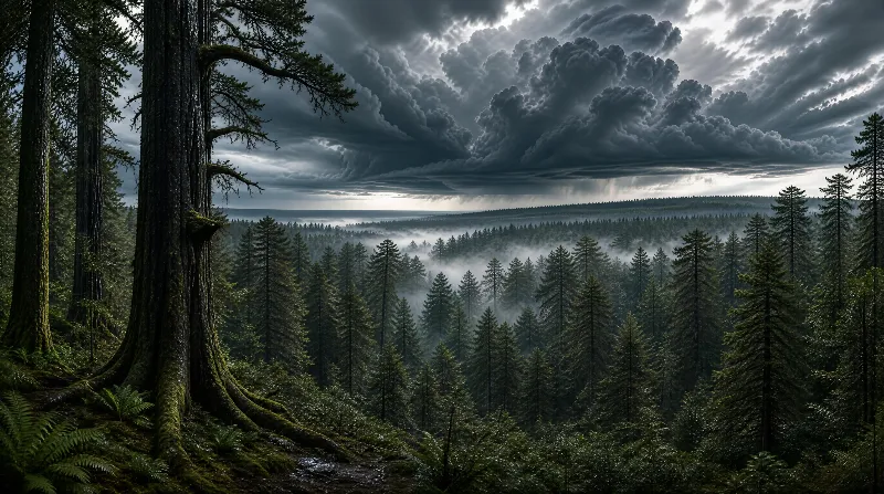 Dense Forest Under Stormy Sky