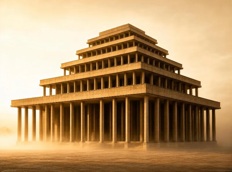 A large, tiered concrete structure with numerous columns on each level stands enveloped in mist, illuminated by warm golden light that highlights its smooth stone surfaces.