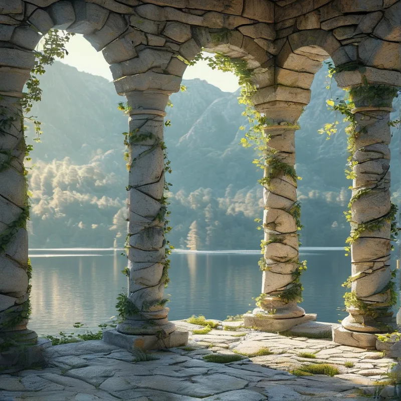 Stone columns with green vines frame a calm lake and misty mountains in soft light.