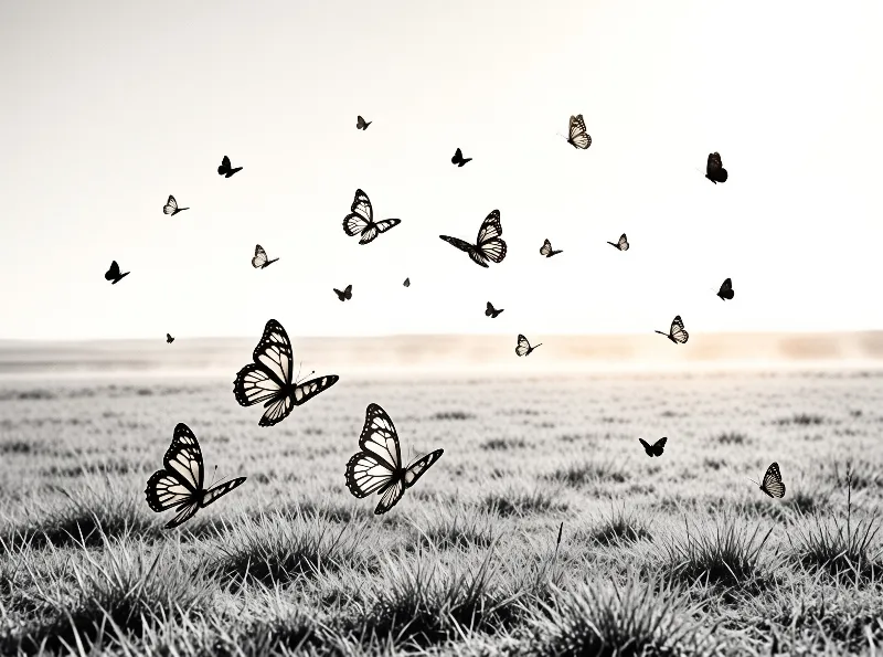 A group of winged insects rises from a grassy foreground toward a distant bright sky.