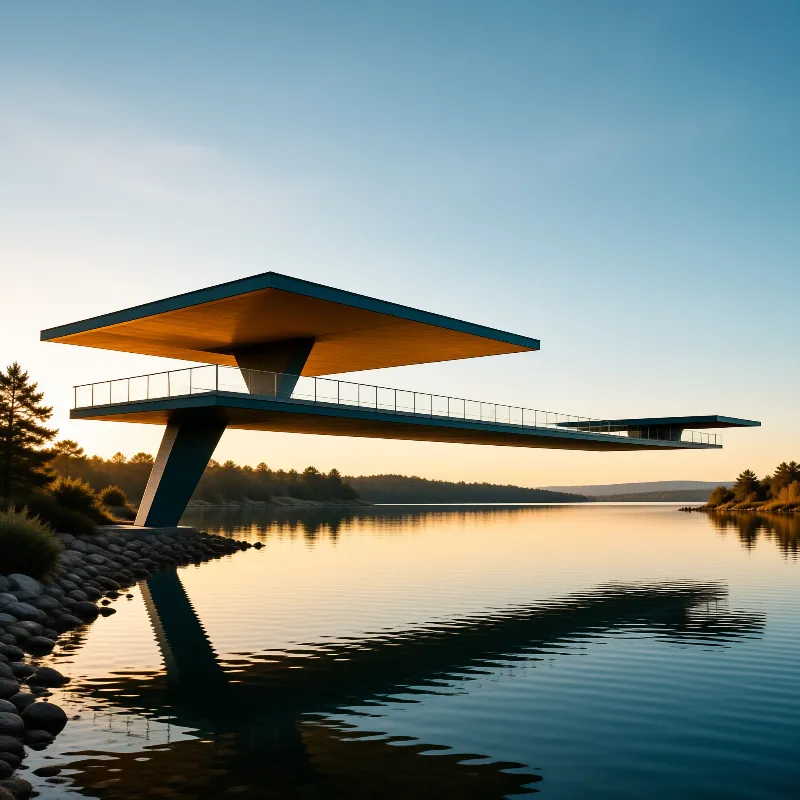 A dark angular structure with a wooden underside projects over a calm lake reflecting the orange glow of the sun.